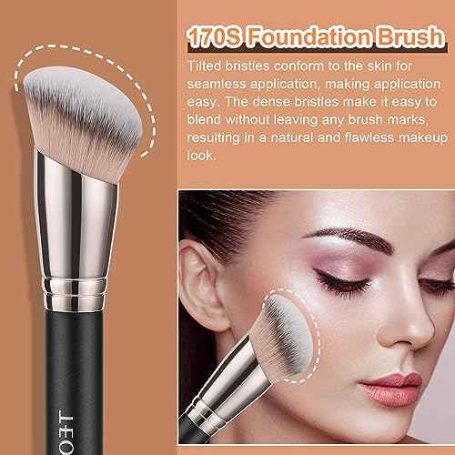 TEOYALL Foundation Contour Conceal Brush Set, 3PCS Angled Synthetic Kabuki Brush for Blending Setting Buffing with Liquid, Cream and Powder Cosmetic (170S/270S/370S)
