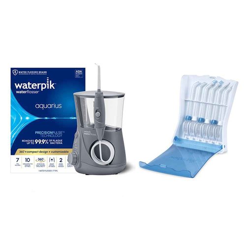 Bundle with Waterpik Aquarius Water Flosser, Gray WP-667 with Convenient, Hygienic and Sturdy Tip Storage Case with 6 Replacement Flossing Tips, Electric Dental Countertop Professional Oral Irrigator