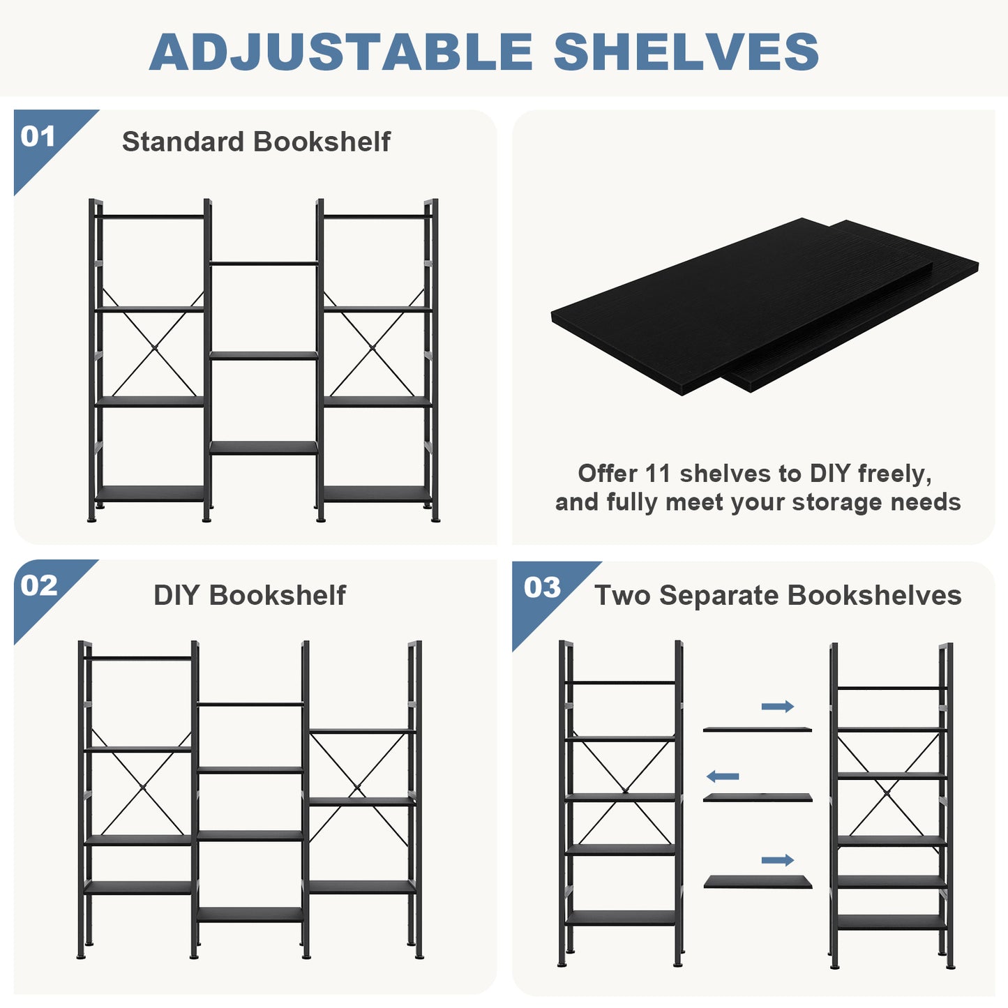 Adjustable Wide Bookshelf with Industrial Design - Multiple Colors