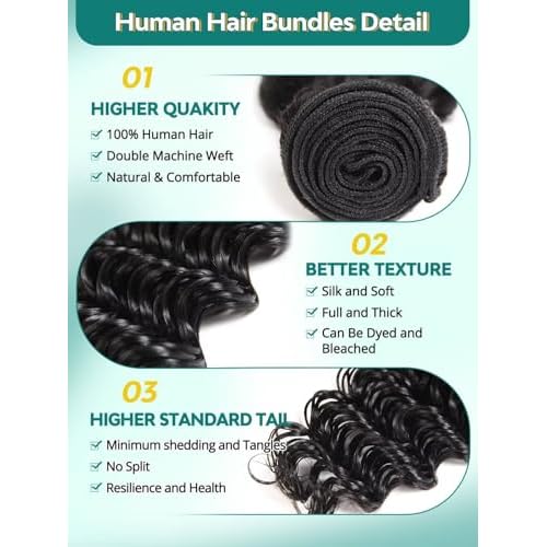 12A Deep Wave Human Hair Bundles 14 14 14 Inch Raw Curly Bundles Human Hair 100% Unprocessed 3 Bundles Brazilian Virgin Human Hair Extensions Quick Weave Natural Black Color