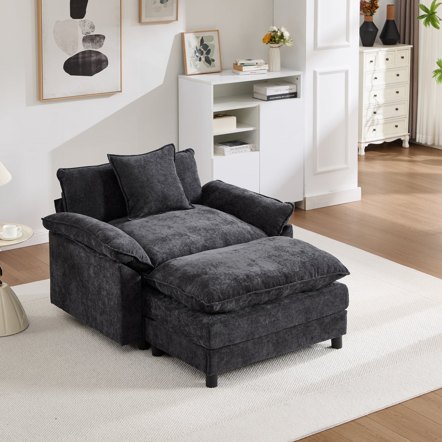 Modern Chenille Accent Chair with Ottoman - Black