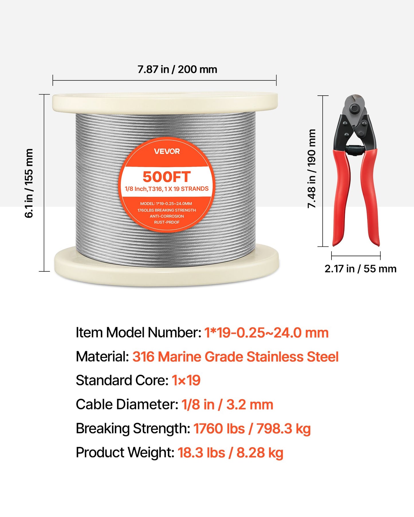 1/8 Inch Stainless Steel Wire Rope 500 Ft for Deck Railing, Garden Trellis, Black