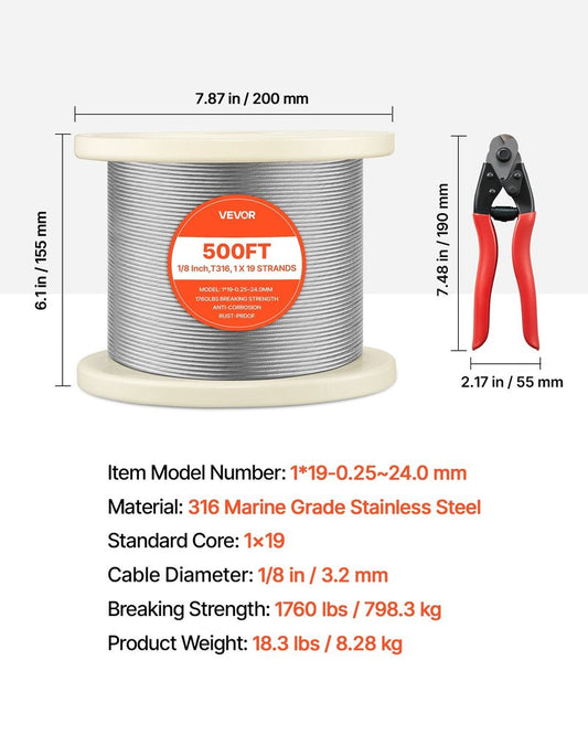 1/8 Inch Stainless Steel Wire Rope 500 Ft for Deck Railing, Garden Trellis, Black