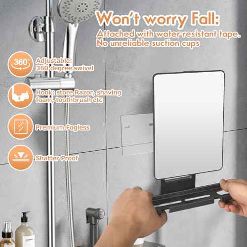 deweisn Fogless Shower Mirror, 360¡Æ Rotation Adjustable Shaving Mirror,Bathroom Shower Mirror with Multifunctional Storage Tray and Razor Holders