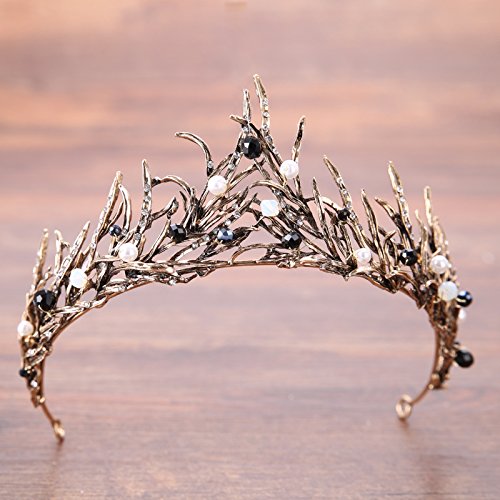 Women Black Hair Crown Vintage Wedding Tiaras Gothic Elf Headpiece Fancy Dress Headband for Bridal Carnival Prom Halloween Birthday Christmas Party Costume Accessories