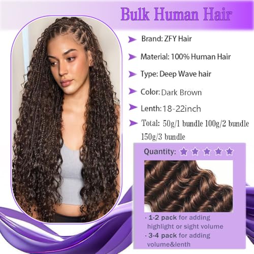 Human Braiding Hair 150g 22 Inch Deep Wave Bulk Human Hair for Braiding Boho Braids 100% Unprocessed Brazilian Virgin Human Hair Extensions No Weft 3 Bundle/Pack Dark Brown