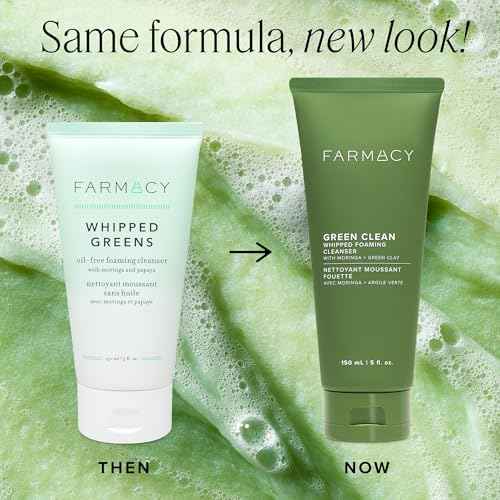 Farmacy Foaming Face Wash for Oily Skin - Whipped Greens Oil-Free Gentle Facial Cleanser + Exfoliator - Infused with Green Clay to Remove Impurities, Control Oil + Maintain Skin Hydration (150ml)