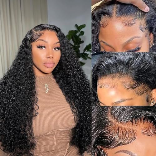 26 Inch Deep Wave Lace Front Wigs Human Hair Pre Plucked 200% Density 13x6 HD Lace Frontal Wigs with Baby Hair Deep Curly Wet and Wavy Glueless Wigs for Women (Natural Black, 26 Inch)