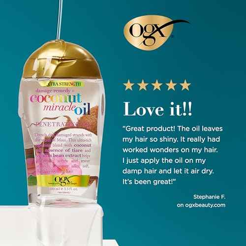 OGX Extra Strength Damage Remedy + Coconut Miracle Oil Penetrating Hair Oil Treatment, Extra Hydrating Anti-Frizz Oil for Coarse, Dry Hair, Paraben-Free, Sulfated-Surfactants Free, 3.3 Fl Oz