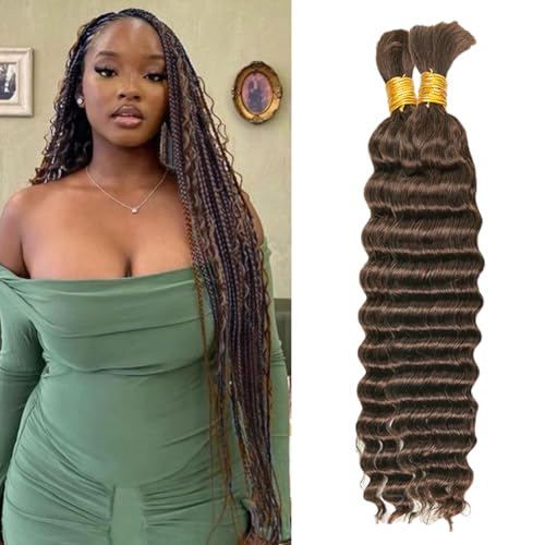 Human Braiding Hair For Braids 24 Inch 100g/2Bundles Deep Wave Bulk Human Hair For Braiding Wet And Wavy Human Hair Extensions For Braids 12A No Weft Deep Wave Bulk Human Hair Chocolate Brown