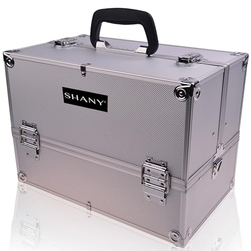 SHANY Essential Pro Makeup Train Case Cosmetic Box Portable Makeup Case Cosmetics Beauty Organizer Jewelry storage with Locks, Multi Compartments Makeup Box and Shoulder Strap - Silver