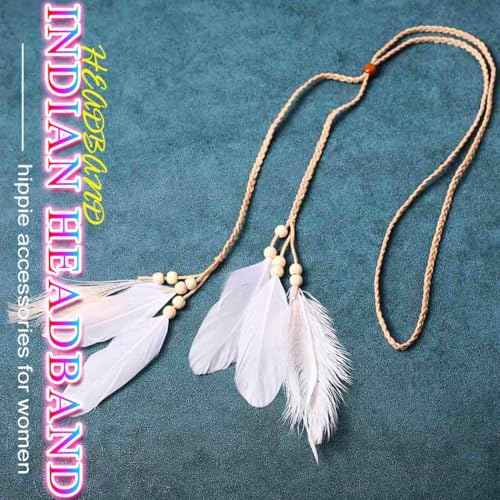 Nicute Boho Feather Headbands Peacoak Headpieces Festival Indian Headband Hippie Accessories for Women (Beige)