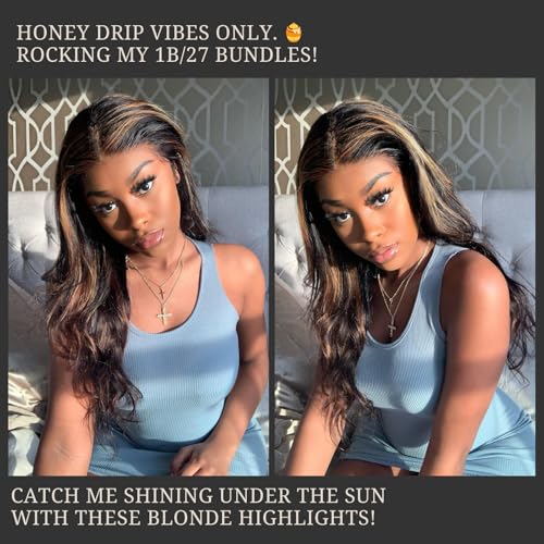 Honey Blonde Bundles Human Hair Highlighted Black and Blonde Bundles Body Wave Balayage Colored 12A 100% Brazilian Virgin Remy Human Hair 1b/27 Ombre Loose Wavy Sew In Weave 10 12 14 Inch