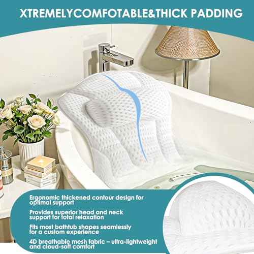 Bath Pillow Bathtub Pillow, Luxury Bath Pillow for Neck and Back Support-with Comfortable 5D Breathable Cotton and Non-Slip Suction Cup Bathtub Accessories - Spa Bath for Women Bath Pillows for tub
