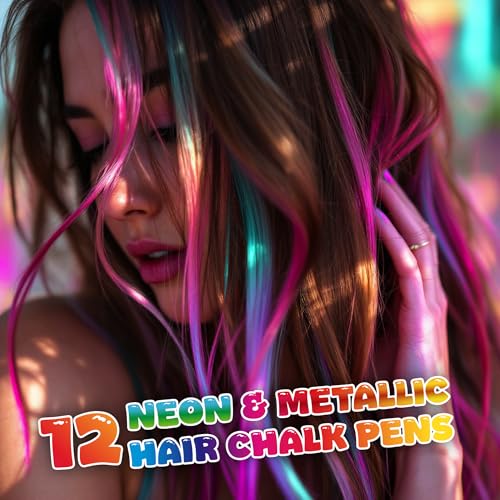 12 Hair chalks, 12 NEON & METALLIC hair chalk, Non-Toxic Easy Washable Hair Dye Colourful, METALLIC & NEON hair chalk - Perfect for Festivals, Halloween, Parties, hair chalks for girls