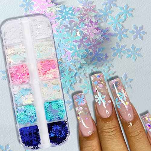 12 Grids Snowflake Nail Art Glitters 3D Snowflakes Nail Glitter Flakes Confetti Design Snowflakes Nails Stickers Decals Winter Christmas Glitter Sequins Nails Art Supplies for Women Grils Decor Xmas