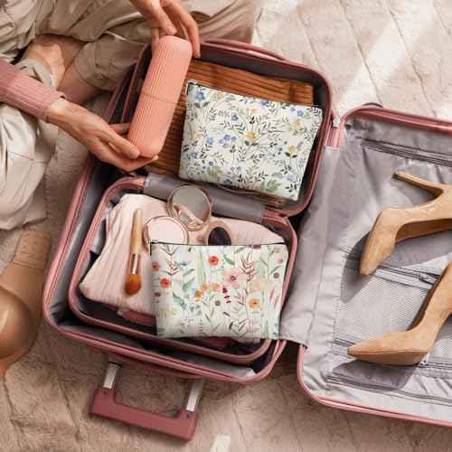 4 Pcs Watercolor Wildflower Makeup Bag, Botanical Cosmetic Bag Plant Lover Friendship Gifts for Women Sister Bestie Mom Friend Thanksgiving Christmas Birthday Gifts Travel Toiletry Bag Accessories