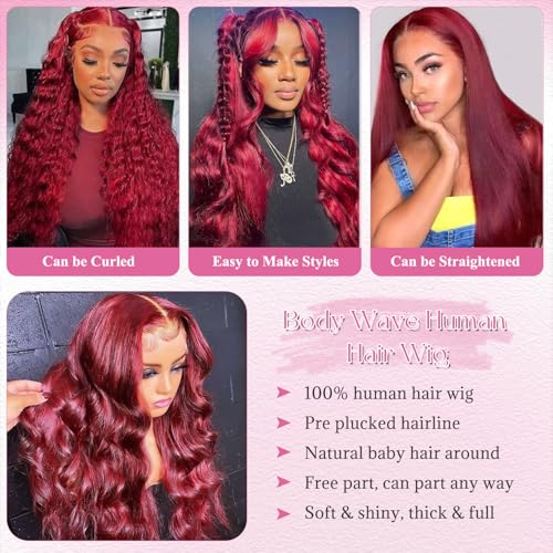 Benafee 28 Inch 99J Burgundy Lace Front Wigs Human Hair Body Wave 13x4 HD Transparent Lace Front Wigs Human Hair Pre Plucked Wine Red Glueless Real Remy Wig for Black Women Reddish Brown Color