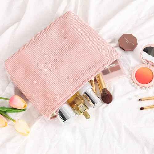 2Pcs Makeup Bag for Women, Large Corduroy Cosmetic Bag Capacity Travel Toiletry Bag Mini Makeup Pouch for Purse Small Makeup Organizer Bag Cute Makeup Brushes Storage Bag (Large+Mini Pink)