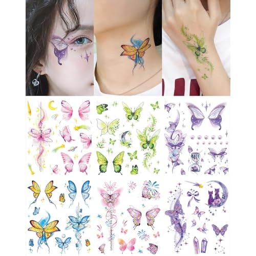 Glitter Butterfly Makeup Temporary Tattoos for Eye Women Girls, 6 Sheets Colorful Butterflies Wings Fake Tattoo Stickers Waterproof for Face Makeup Birthday Party Favors Gifts