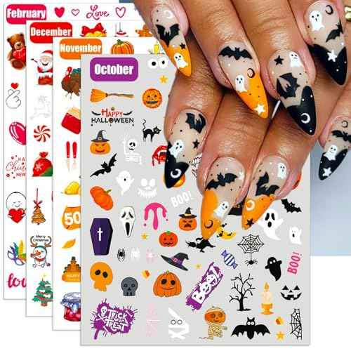 12 Months All Holiday Nail Stickers, 24 Sheets Seasonal Variety Pack 2 Pcs Per Month DIY Nail Art, Self-Adhesive Pegatinas U?as for a Year of Halloween Christmas Thanksgiving&Valentine¡¯s Day