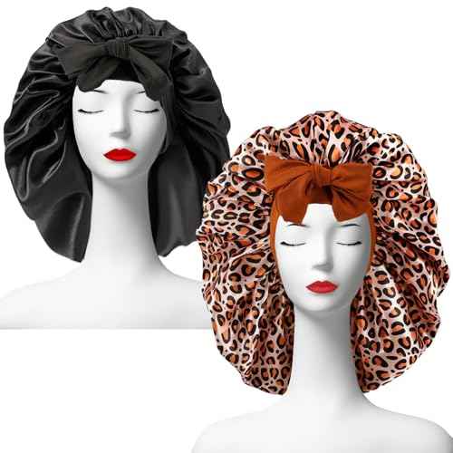 2 Pcs Satin Silk Bonnets for Women,Hair Bonnet with Tie Band,Silk Bonnet Sleeping Cap for Curly Hair,Black & Leopard