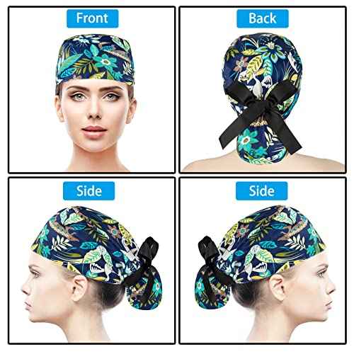 Scrub Caps Women Bouffant Scrub Hats Caps Nurses, Adjustable Working Cap Ponytail Pouch Tie Back Hats