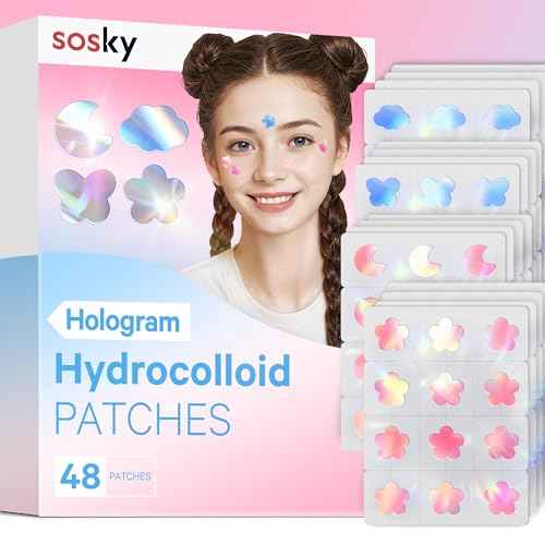 Sosky Hologram Pimple Patches for Face, Hydrocolloid Acne Patches with Salicylic Acid, Cute Star Zit Stickers,Colorful Blemish Covers,48 Count Blue Pink Moon Cloud Butterfly Flower
