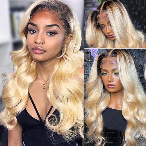 Smavida 13x4 Body Wave HD Lace Front Wigs Ombre Blonde Human Hair Pre Plucked 150% Density 22 Inch HD Transparent Undetectable Melted Glueless Wavy Lace Frontal Human Hair wigs for Women Full Ends