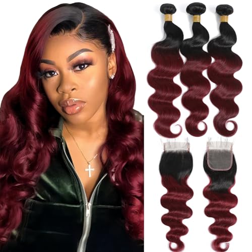 Kapelli Hair Ombre Human Hair Bundles With Closure (12 14 16+12) 100% Brazilian Virgin Human Hair Body Wave Bundles with Closure 2 Tone Black to Burgundy Human Hair Weave