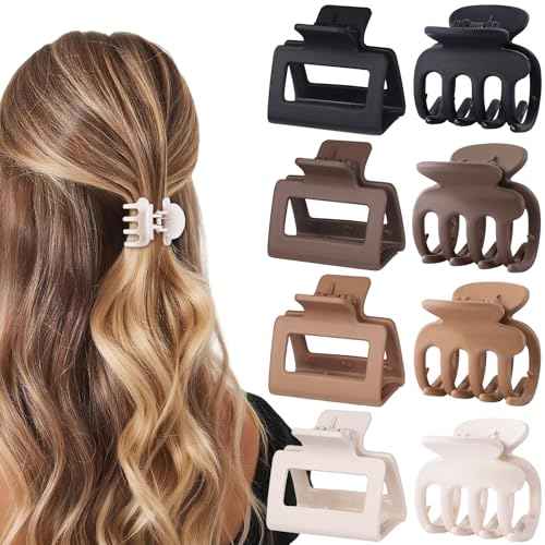 Medium Hair Clips Combination 2 Styles Small Claw Clips for Thin Hair 8 Pcs Matte Non-slip Rectangle Jaw Clips Square Hair Accessories for Women and Girls (Brown)