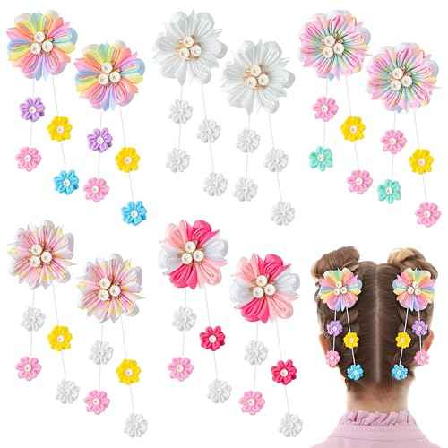 Flower Ribbon Bows Clips - 10pcs Colorful Flower Hair Accessories Grosgrain Ribbon Bows Alligator Clips Pendants Barrettes Hair Accessories Baby Girls Toddlers Kids Teens(5 Designs in Pairs)