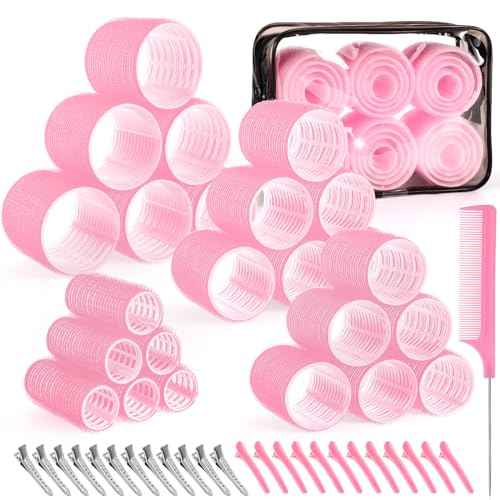 4 Sizes Self-Grip Hair Rollers Set for Long, Short Hair and Bangs - 50 Pcs with Clips (25mm, 36mm, 48mm, 60mm), Pink