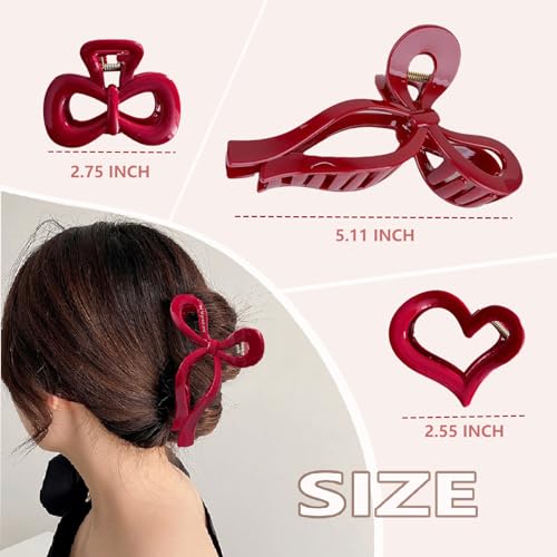 FULYA 3Pcs Red Bow Hair Clips Set for Women - red hair clip -hair bow clip,Nonslip Butterfly Hair Accessories,large claw clips for Thin thick hair,Perfect for Daily Wear, Parties (3P Red Clips)