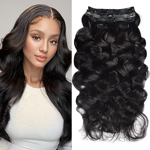Body Wave Clip in Hair Extensions Real Human Hair Clip ins 100% Brazilian Virgin Hair PU Seamless Clip in Hair Extensions Human Hair Natural Black Hair for Women 120 Gram 6 Pcs 22Inch