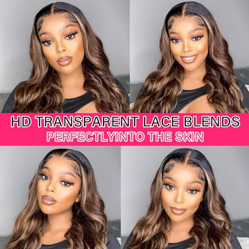Aaliweya Highlight Ombre Body Wave 360 Lace Front Wig Human Hair for Women 180% Density Glueless Wig Pre Plucked Natural Hairline HD Transparent Full Lace Frontal Wigs Human Hair 18Inch
