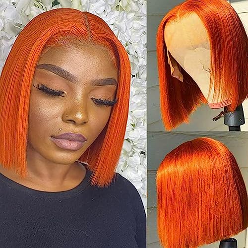 Ginger Orange Short Straight Bob Wig 13x4x1 Lace Front Wigs for Women Orange Ginger Human Hair 14 Inch 150% Density Brazilian Virgin Bob Wigs Human Hair Lace Closure Wigs Pre Plucked with Baby Hair