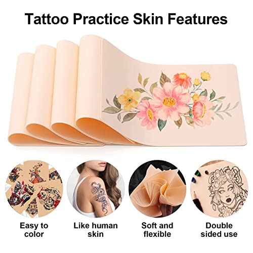 228Pcs Fake Skin Tattoo Practice Kit for Beginners - Include 3 Tattoo Skins 3 Transfer Paper 2 Tattoos Cover Up Tape 200 Machine Covers 20 Ink Caps for Tattoos Starter Kit Tattooing Supplies
