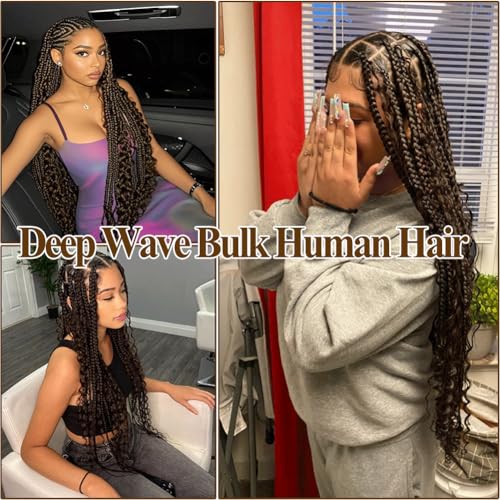 Human Braiding Hair For Braids 24 Inch 100g/2Bundles Deep Wave Bulk Human Hair For Braiding Wet And Wavy Human Hair Extensions For Braids 12A No Weft Deep Wave Bulk Human Hair Chocolate Brown
