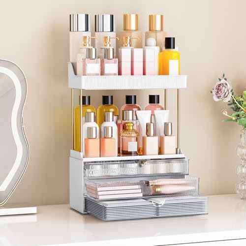 5 Tiers Bathroom Counter Organizer - 3 Drawers Makeup Organizer, Cosmetic Storage Drawer for Dresser Countertop and Bathroom Vanity for Large Skincare, Perfume, Clear