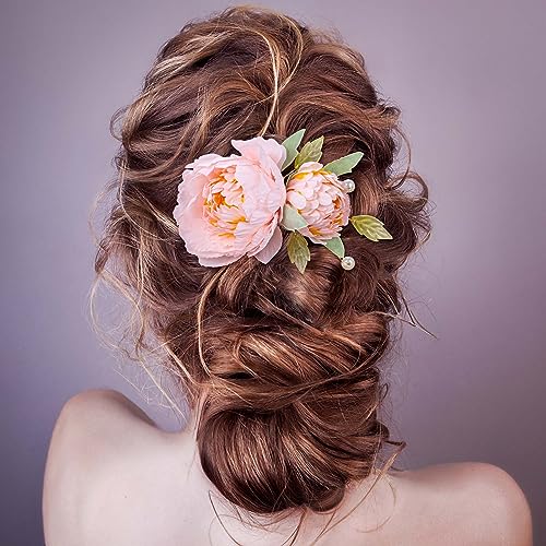 2pcs Silk Flower Hair Clips for Women, 2 in 1 Flower Brooch, Pearl Floral Hair Pins Barrettes for Women Girls Brides Party Wedding Decor Hair Buns Updo Holder Accessories- Pink & Light Pink