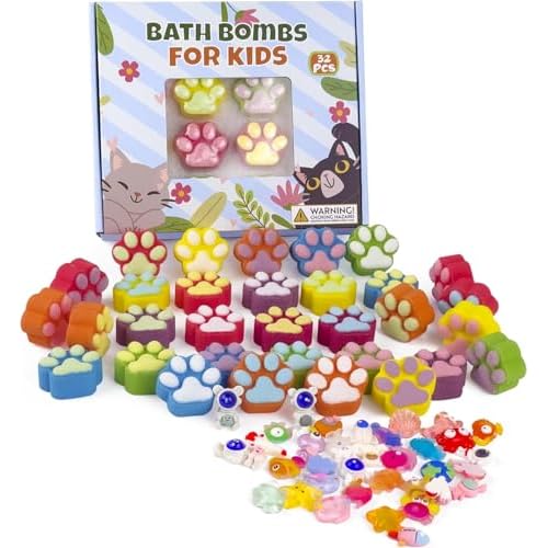 Bath Bombs for Kids with Surprise Inside, 32 Pack Paw Bath Bombs with Toy, Ocean Animals and Space Planet Toys SPA Fizzy Handmade Natural Bath Bomb Gift Set at Christmas, Birthday
