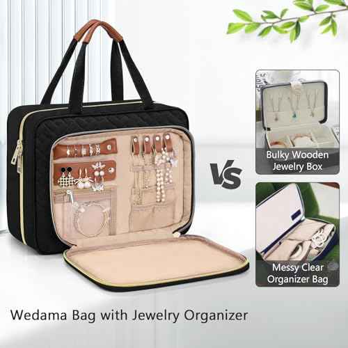 Wedama Toiletry Bag for Women, Hanging Travel Toiletry Bag with Jewelry Organizer Compartment Large Makeup Bag, PVC Waterproof Cosmetic Travel Bag for Travel Business Trips Camping Bathroom, Black