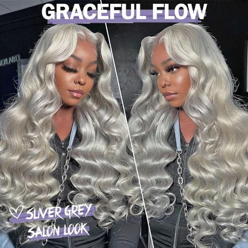 SOKU 13x6 Lace Frontal Wig 32 Inch Sliver Color Boby Wave Pre-plucked Hairline with Baby Hair Transparent Lace Heat Friendly Synthetic Light Grey Lace Front Wavy Wigs for Women Christmas Gift