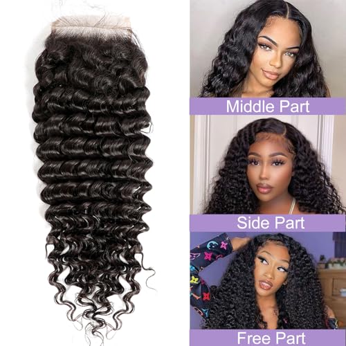 Closure Human Hair 5x5 HD Lace Closure Human Hair Clsoure Deep Wave Transparent HD 5x5 Lace Closure Deep Curly Closure Raw Virgin Human Hair Pre Plucked Natural Black 1B Color 22 Inch