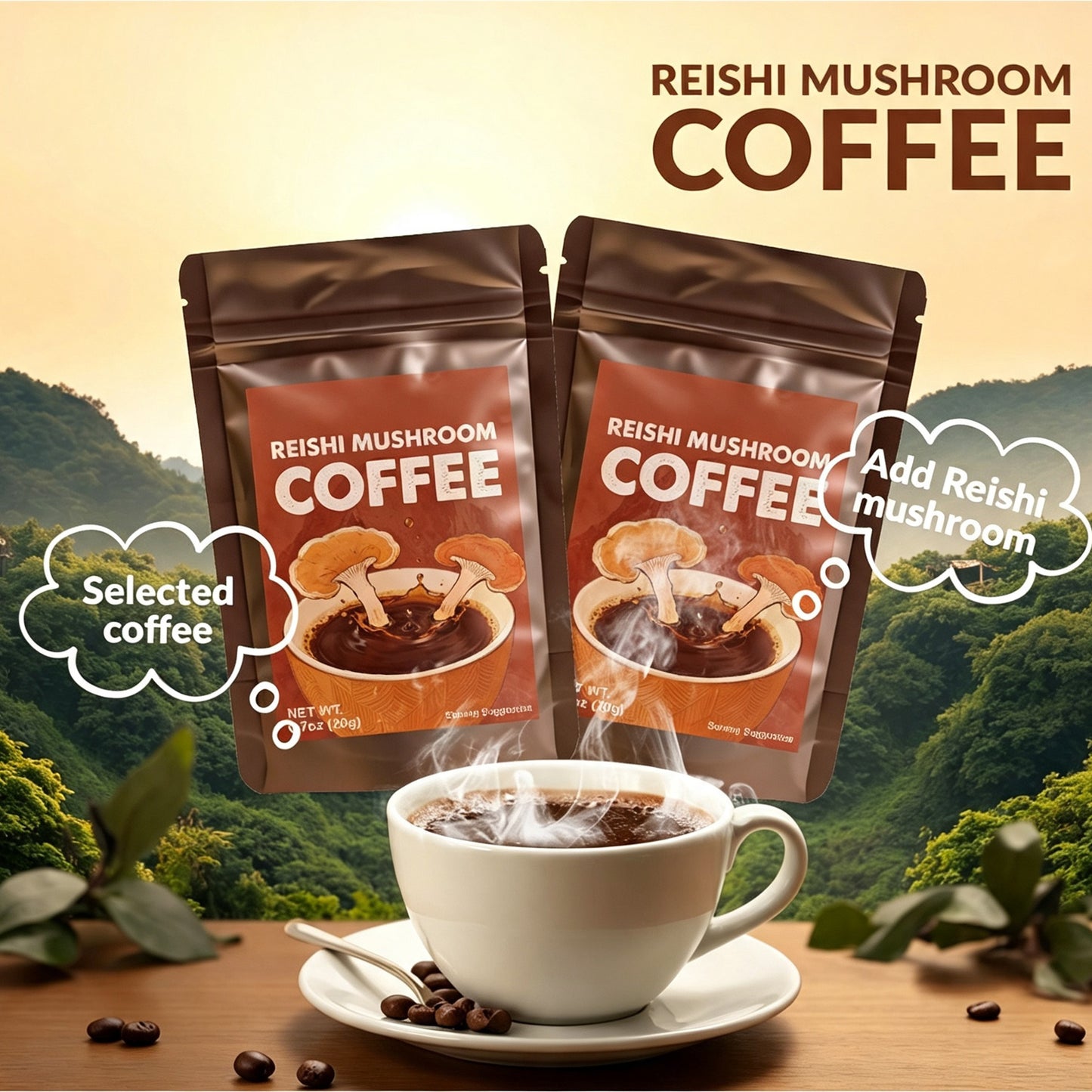 Instant Reishi Mushroom Coffee - 20g Sachets - 20 Count Pack