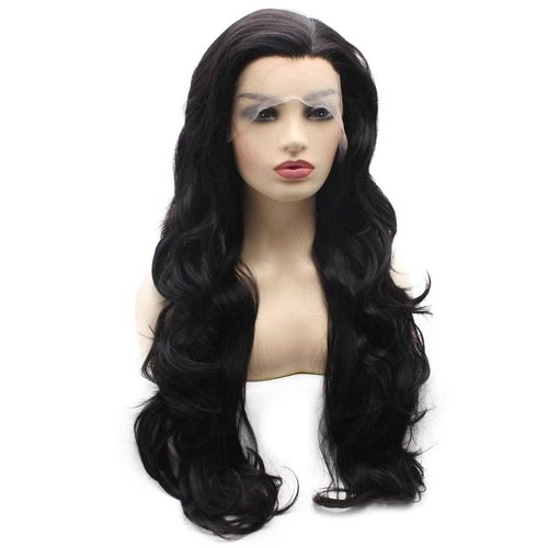 Peakia Long Wavy Dark Brown Natural Half Hand Tied Synthetic Lace Front Wig Natural