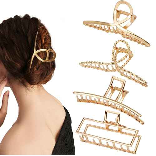 4 Pack Large Metal Hair Clips for Thin to Thick Curly Hair, 4.3 Inch Big Nonslip Gold Color Clamps, Perfect Fashion Jaw Claw Hair Styling Accessories for Women and Girls, Christmas Gifts