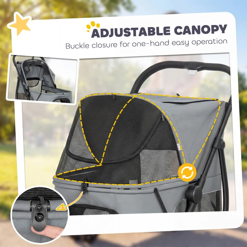 Pet Stroller for Medium Dogs - 3 Wheel Folding Canopy Mesh Window Gray