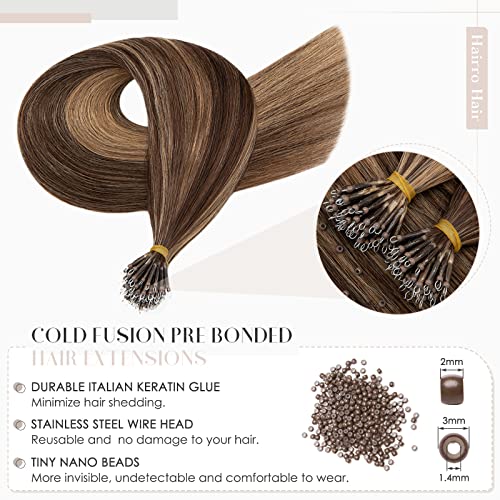 Hairro Nano Ring Hair Extensions Keratin Nano Bead Human Hair Pre Bonded Cold Fushion Highlight Microlink I Tip Hair Extensions For Women 22inch 50g/PACK 50 Strands #4P27 Medium Brown Mix Dark Blonde